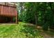 Expansive backyard with lush green lawn, patio, and mature trees at 5123 Richland Dr, Raleigh, NC 27612