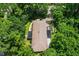 Overhead view of a well maintained home, surrounded by mature trees, offers seclusion and shade at 5301 Thayer Dr, Raleigh, NC 27612