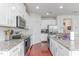 Modern kitchen with white cabinets, granite countertops, stainless steel appliances, and hardwood floors at 543 Callandale Ln, Durham, NC 27703