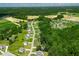An impressive aerial view showcasing a modern neighborhood with manicured lawns, trees, and community pool at 8341 Running Fern Way, Willow Springs, NC 27592