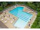 Aerial view of a large community pool area with marked lanes, lounge chairs, tables and umbrellas at 8412 Old Deer Trl, Raleigh, NC 27615