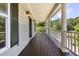 Inviting front porch featuring wood flooring, white columns, and stylish lighting fixtures at 915 Chapanoke Rd, Raleigh, NC 27603