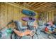 This garage features two kayaks, bikes, lawn mower, and lawn supplies at 100 Martindale Dr, Youngsville, NC 27596