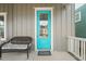 Close-up of the bright blue front door with 'Home Sweet Home' welcome mat at 1006 Whistler St, Durham, NC 27713