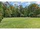 A large, grassy backyard with mature trees and a black fence at 142 Scarlet Oak Run, Clayton, NC 27520