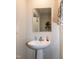Bathroom featuring modern fixtures, pedestal sink, mirror, and decorative plants on floating shelves at 1476 Burgundy Bluff Ln, Zebulon, NC 27597