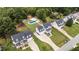 Aerial view of homes, yards, and swimming pool in a residential neighborhood at 149 Great Oak Dr, Garner, NC 27529