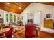 Bright and airy living room boasting hardwood floors, wood ceilings, large windows, and a cozy fireplace at 206 Lisa Dr, Carrboro, NC 27510