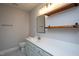 Bathroom vanity with modern fixtures, a shelf and a light blue cabinet at 2725 Gross Ave, Wake Forest, NC 27587