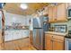 Cozy kitchen features wooden ceiling, stainless steel refrigerator, and colorful backsplash at 302 Bradley St, Burlington, NC 27215