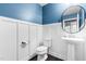Stylish half bathroom featuring blue walls, white wainscoting, and a pedestal sink at 3504 Regent Pines Dr, New Hill, NC 27562