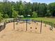 Community playground featuring swings and slides set in a wooded area with picnic tables and a soccer field nearby at 3504 Regent Pines Dr, New Hill, NC 27562