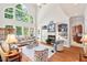 Bright living room featuring high ceilings, fireplace, large windows, and hardwood floors at 3606 Dairy Pond Pl, Durham, NC 27705