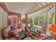 Covered outdoor patio with cushioned seating, ceiling and fan overlooking the lush backyard at 3606 Dairy Pond Pl, Durham, NC 27705