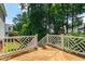 A wood deck features custom railings and is shaded by mature trees at 4309 Omni Pl, Raleigh, NC 27613