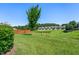 Backyard with lawn, tree, and fence, backing to a neighborhood water feature at 437 Excalibur Dr, Morrisville, NC 27560