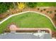 Aerial view of the landscaped backyard showing the lawn and patio space at 4412 Pamlico Dr, Raleigh, NC 27609