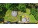Overhead view of backyard with a trampoline and seating area, surrounded by vibrant greenery at 5320 Middleton Rd, Durham, NC 27713