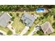 Aerial view showcasing a property's layout with a pool, expansive backyard, patio, and surrounding neighborhood at 626 Toledo Ct, Rolesville, NC 27571