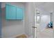 Hallway with blue storage cabinet leading into a carpeted bedroom space at 7 Faircroft Ct, Durham, NC 27703