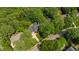 An aerial view shows a beautiful home with mature trees, a green lawn, and a neighborhood street at 7620 Rainwater Rd, Raleigh, NC 27615