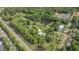 Expansive aerial view of property with pond, landscaping, mature trees, and nearby railroad tracks at 7920 E Washington St, Mebane, NC 27302