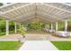 Large covered pavilion boasts ample space with elegant chandeliers and seating arrangements at 7920 E Washington St, Mebane, NC 27302
