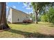 Backyard with a spacious lawn, mature trees, and a two-story home at 8 Summertime Ct, Durham, NC 27707