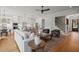 Open-concept living room with hardwood floors, stylish furniture, and a view into the modern kitchen at 815 Laurelwood Dr, Durham, NC 27705