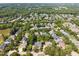 Aerial shot showcasing a neighborhood with mature trees and diverse home styles under clear blue skies at 10513 Cardington Ln, Raleigh, NC 27614