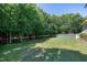 Backyard shot showing a grass lawn, white fence, and a line of trees at 129 Middlegreen Pl, Holly Springs, NC 27540