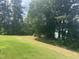 Serene backyard with lush green grass, mature trees, and a peaceful view of the lake at 2053 Thornblade Dr, Raleigh, NC 27604