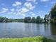 Scenic view of a serene lake, bordered by lush greenery and trees under a blue sky at 2053 Thornblade Dr, Raleigh, NC 27604