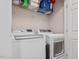 Convenient laundry room featuring a modern washer and dryer, and shelving at 221 Antique Lace Way, Holly Springs, NC 27540