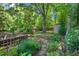 Landscaped backyard with lush greenery and a storage shed at 2504 State St, Durham, NC 27704