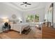 Spacious main bedroom with a tray ceiling, hardwood floors, and a window overlooking the backyard at 3 Waconda Ct, Durham, NC 27713
