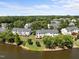 Aerial view of townhomes with lush landscaping and a lake at 400 Nottinghill Walk, Apex, NC 27502