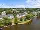 Aerial view of townhomes, lush landscaping and a lake at 400 Nottinghill Walk, Apex, NC 27502