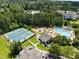 Aerial view showcasing tennis courts, playground, and a refreshing community pool surrounded by lush greenery at 400 Nottinghill Walk, Apex, NC 27502