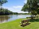Lakeside bench offers a serene spot to enjoy the picturesque views and calming waters of the lake at 400 Nottinghill Walk, Apex, NC 27502