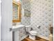 Charming powder room featuring unique wallpaper, pedestal sink, and stylish mirror at 42 Juneberry Dr, Chapel Hill, NC 27516