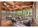 Cozy screened porch with wooden ceiling and beams, outdoor dining and lounge area, and views of the backyard at 5315 Mccormick Rd, Durham, NC 27713