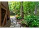 Stone path leading to a seating area surrounded by lush greenery and trees, perfect for relaxation at 553 Lake Gaston Dr, Fuquay Varina, NC 27526