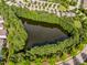 Scenic aerial shot of a tranquil pond surrounded by lush greenery and neighborhood streets, promoting serene community living at 575 Tomkins Loop, Cary, NC 27519