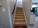 Carpeted staircase leads to the upper level, complemented by neutral walls and dark banister at 650 Ganyard Farm Way # 32, Durham, NC 27703