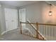Second floor hallway with railing and pendant light fixture at 8100 Laurel Mountain Rd, Raleigh, NC 27613