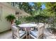 Outdoor patio with a round table and comfortable seating, shaded by mature trees at 914 Cindy St, Cary, NC 27511