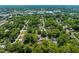 Aerial view showcasing homes nestled among lush trees in a vibrant neighborhood, with the city skyline in the distance at 1022 Carolina Ave, Durham, NC 27705
