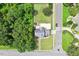Overhead view of a light blue house with a basketball court and trampoline in a green, tree-lined neighborhood at 1505 Mclaurin Ln, Fuquay Varina, NC 27526