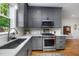 Close up of a kitchen with grey cabinets, stainless steel appliances, and white subway tile backsplash at 200 W Corbin St, Hillsborough, NC 27278